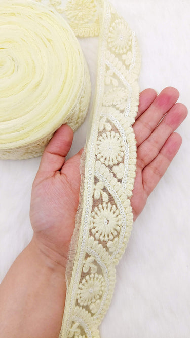 Scallop Net Fabric Lace Trim Floral Embroidery and White Sequins, Floral Sari Border, Decorative Trim